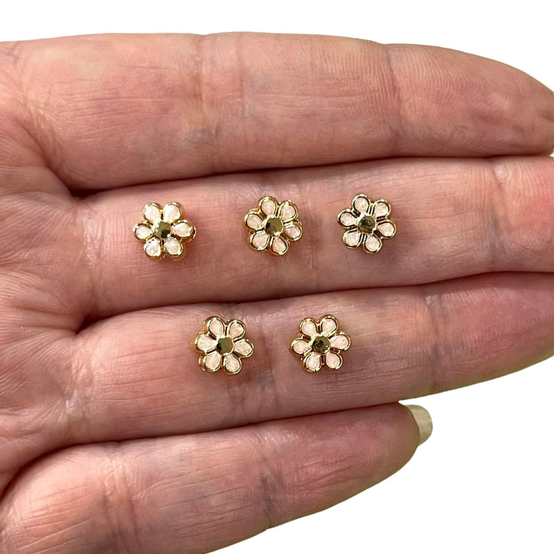 24Kt Gold Plated Double Side Ivory Enamelled Daisy Charms, 5 pcs in a pack