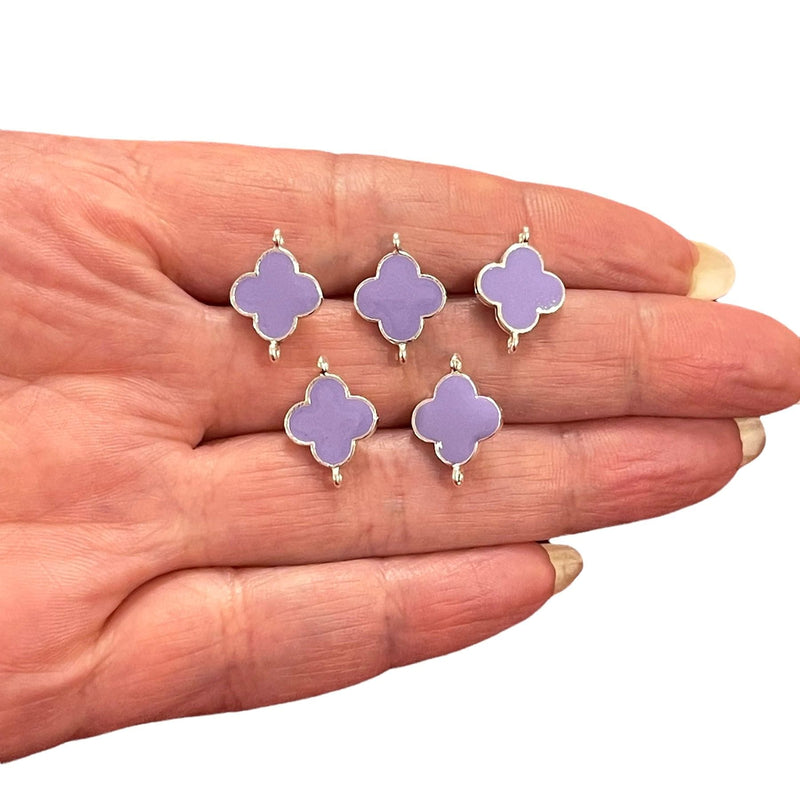 Silver Plated Lilac Enamelled Clover Connector Charms, 5 pcs in a pack