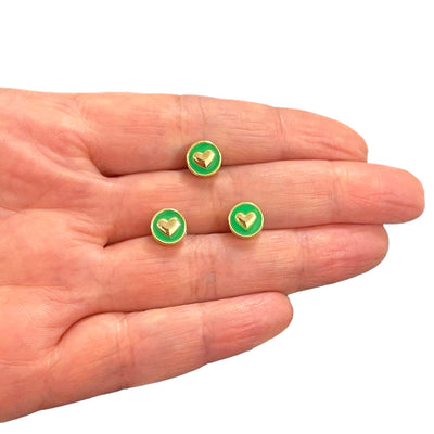 Breloques d'espacement en forme de cœur émaillé vert fluo double face plaqué or 24 carats, 3 pièces dans un paquet, avec trou horizontal
