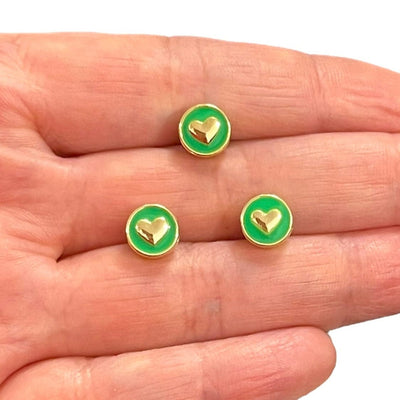 Breloques d'espacement en forme de cœur émaillé vert fluo double face plaqué or 24 carats, 3 pièces dans un paquet, avec trou horizontal