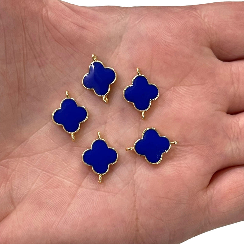 24Kt Gold Plated Navy Enamelled Clover Connector Double Loop Charms, 5 pcs in a Pack