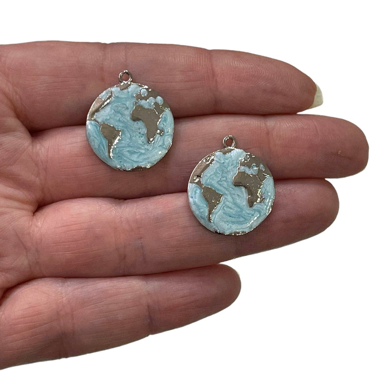 Rhodium Plated World Map Charms, Planet Earth Rhodium Charms, 2 pcs in a pack