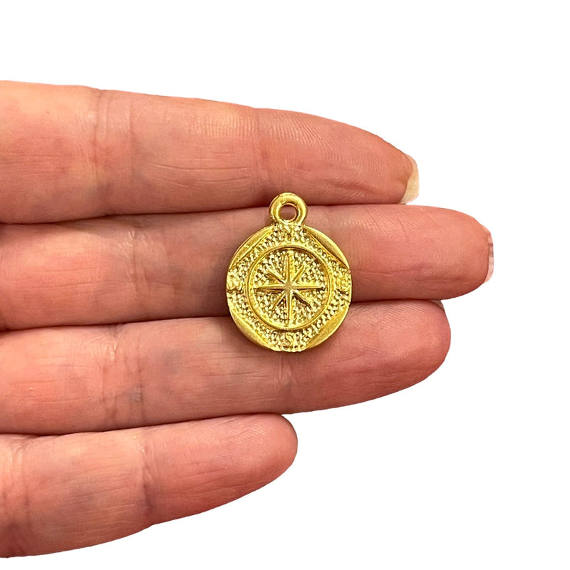 24Kt Matte Gold Plated Compass Charms, Gold Compass Charms, 2 pcs in a pack