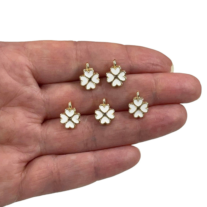 24Kt Gold Plated White Enamelled Clover Charms, 5 pcs in a Pack