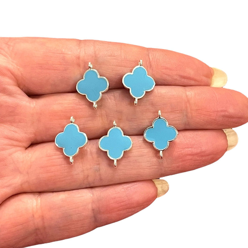 Silver Plated Sky Blue Enamelled Clover Connector Charms, 5 pcs in a pack