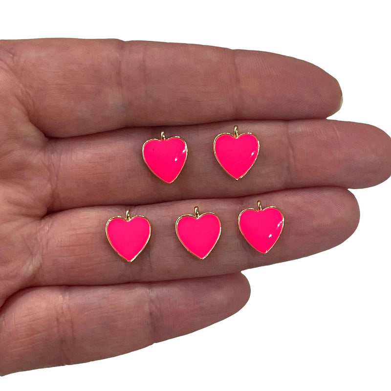 24Kt Gold Plated Neon Pink Enamelled Heart Charms, 5 pcs in a Pack