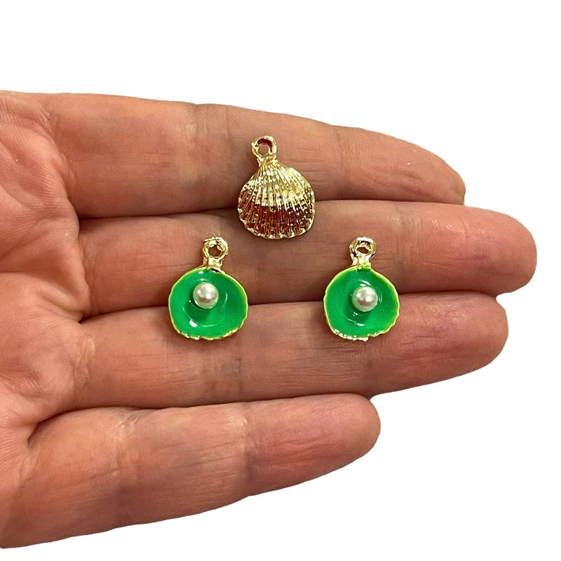 24Kt Gold Plated Neon Green Enamelled Oyster Charms With Pearl, 3 pcs in a pack