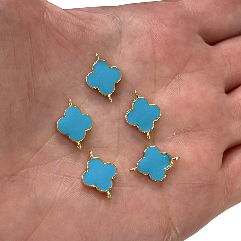 24Kt Gold Plated Sky Blue Enamelled Clover Connector Double Loop Charms, 5 pcs in a Pack