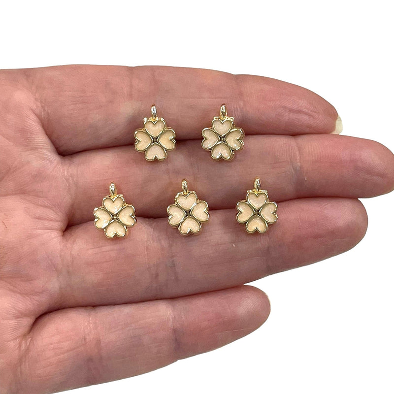 24Kt Gold Plated Ivory Enamelled Clover Charms, 5 pcs in a Pack