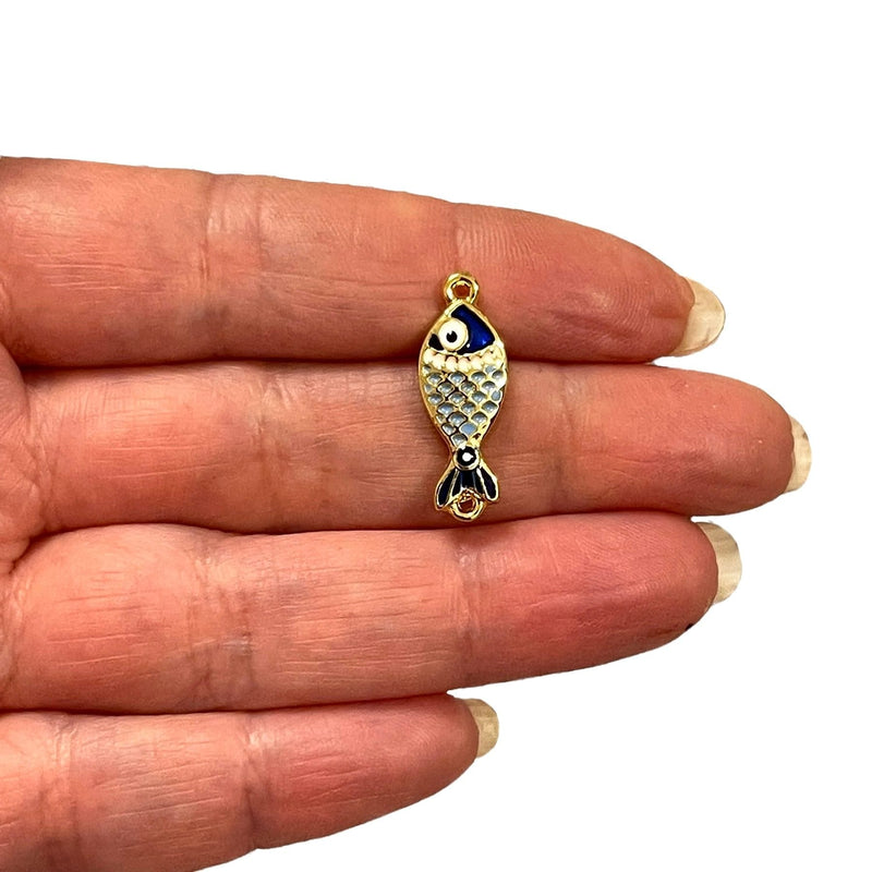 24Kt Gold Plated Double Side Blue Enamelled Fish Connector Charm