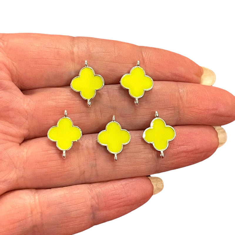 Silver Plated Neon Yellow Enamelled Clover Connector Charms, 5 pcs in a pack