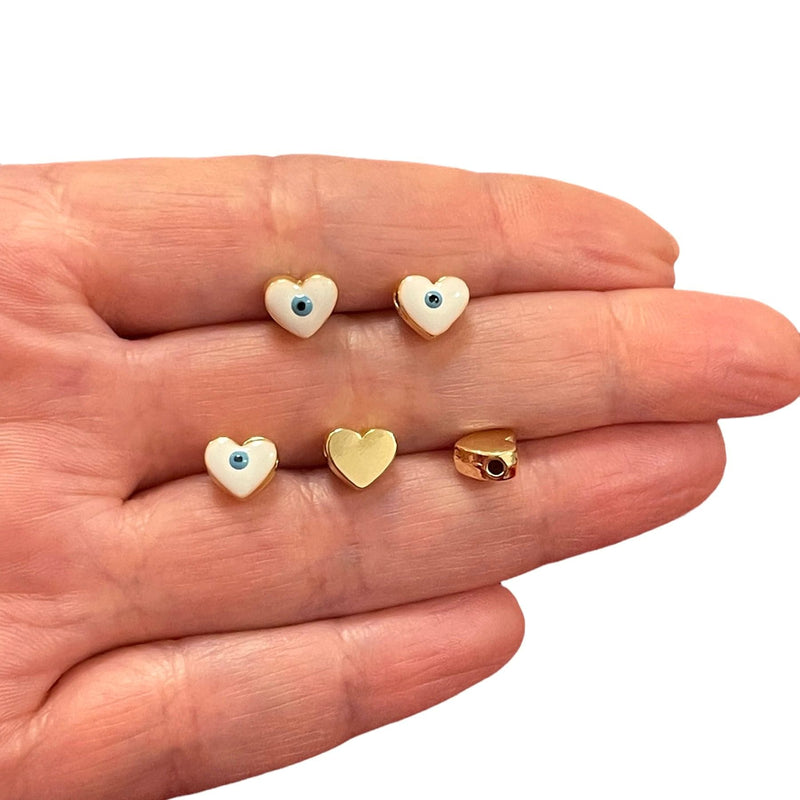 8mm 24Kt Gold Plated White Evil Eye Enamelled Heart Spacers, 5 Pcs in a pack