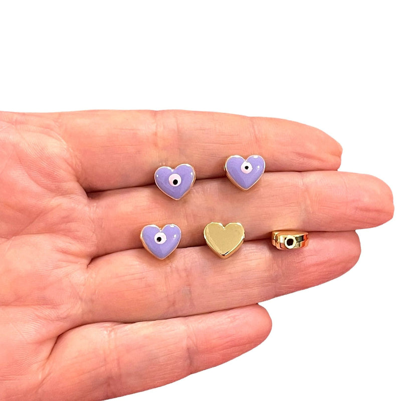 10mm 24Kt Gold Plated Lilac Evil Eye Enamelled Heart Spacers, 5 Pcs in a pack