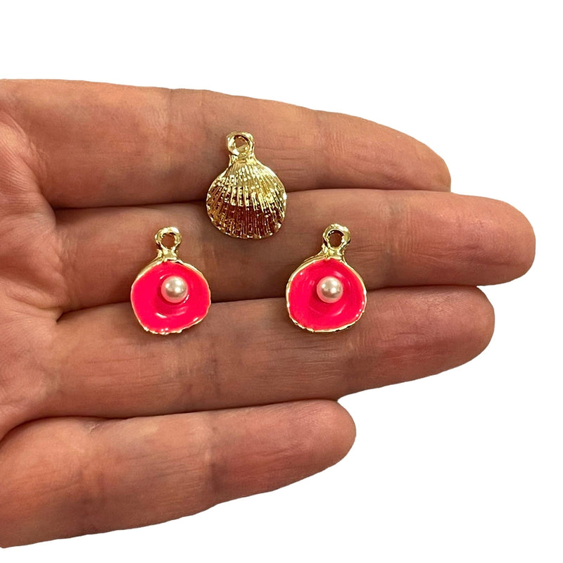 24Kt Gold Plated Neon Pink Enamelled Oyster Charms With Pearl, 3 pcs in a pack