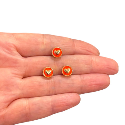 Breloques d'espacement en forme de cœur émaillé orange fluo double face plaqué or 24 carats, 3 pièces dans un paquet, avec trou horizontal