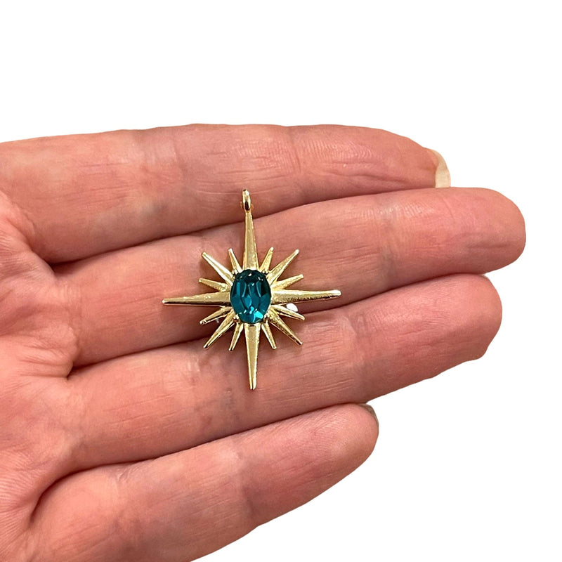 24Kt Gold Plated North Star Charm With Swarovski Blue Zircon Crystal