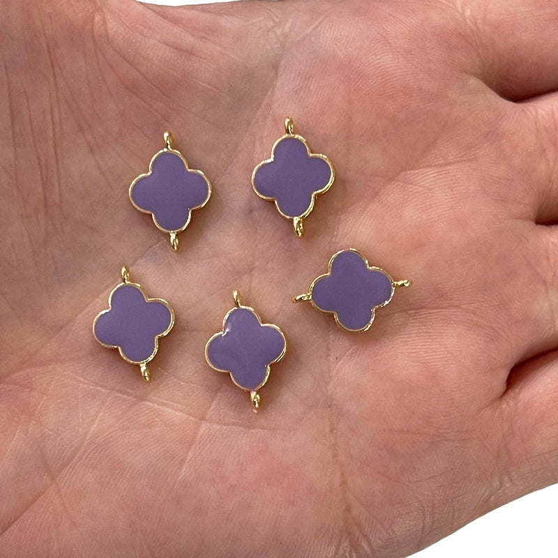 24Kt Gold Plated Lilac Enamelled Clover Connector Double Loop Charms, 5 pcs in a Pack