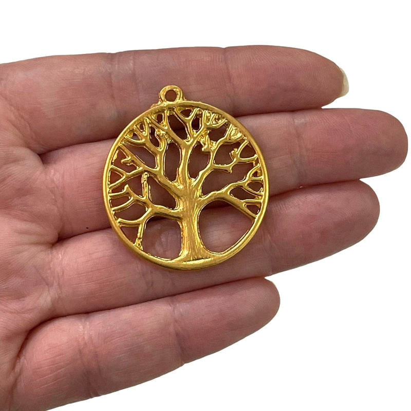 Grand Pendentif Arbre de Vie Plaqué Or Mat 24Kt 36mm