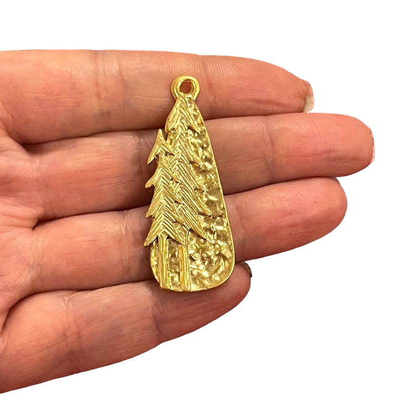 24Kt Matte Gold Plated Pine Tree Charm, Trees Gold Charm