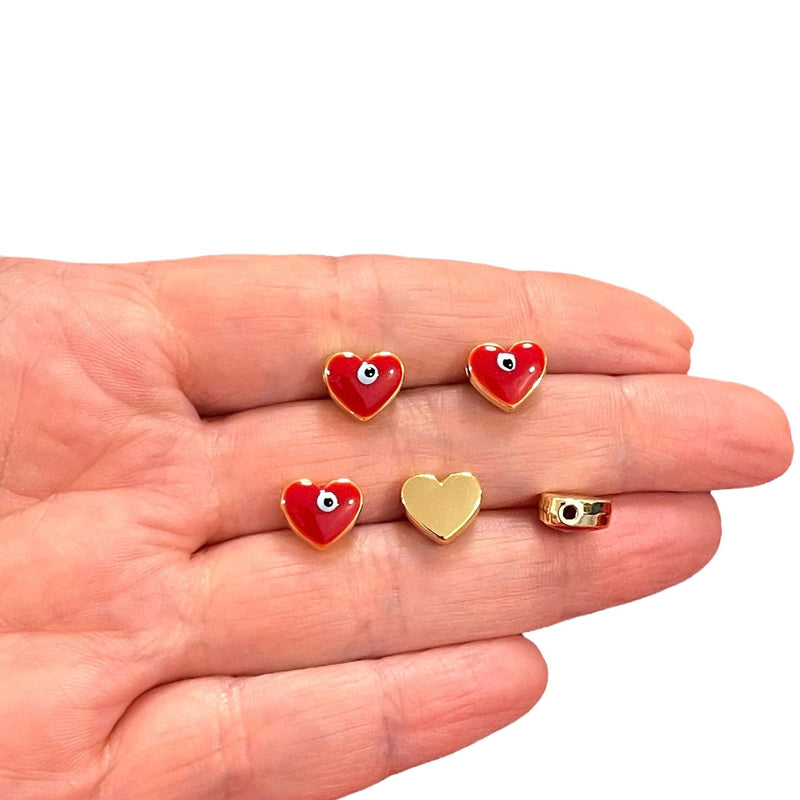 10mm 24Kt Gold Plated Red Evil Eye Enamelled Heart Spacers, 5 Pcs in a pack