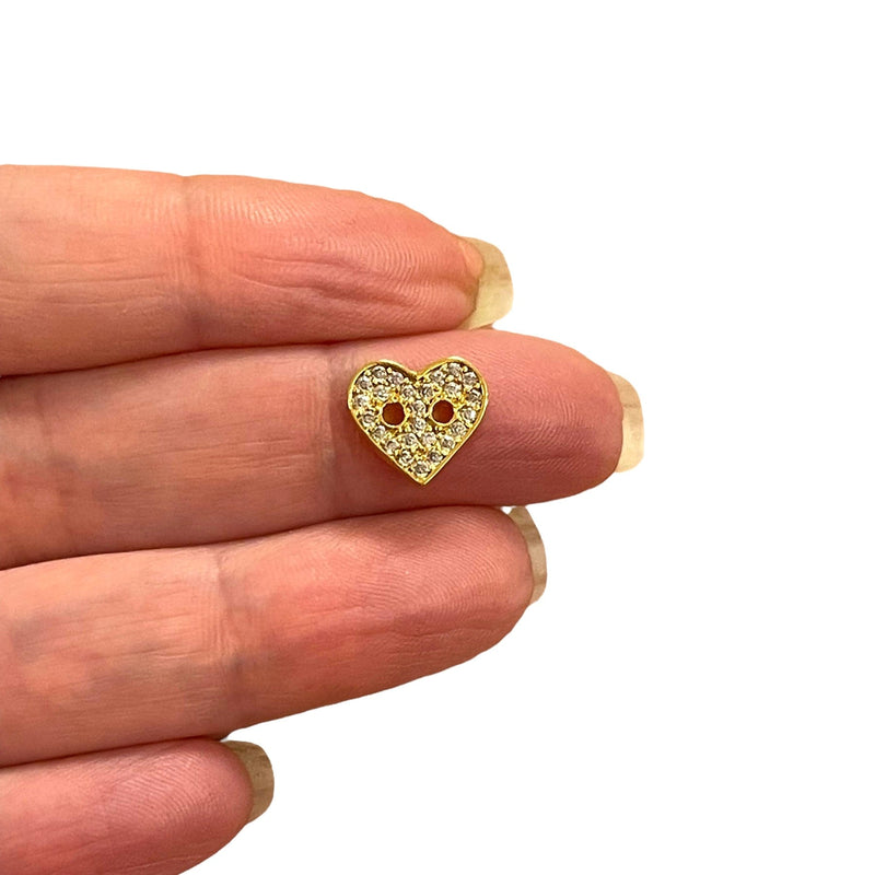 24Kt Gold Plated CZ Micro Pave Heart Button Charm, Bracelet Button Charm