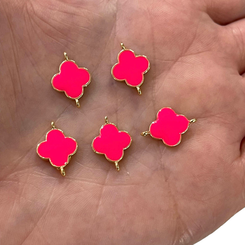 24Kt Gold Plated Neon Pink Enamelled Clover Connector Double Loop Charms, 5 pcs in a Pack