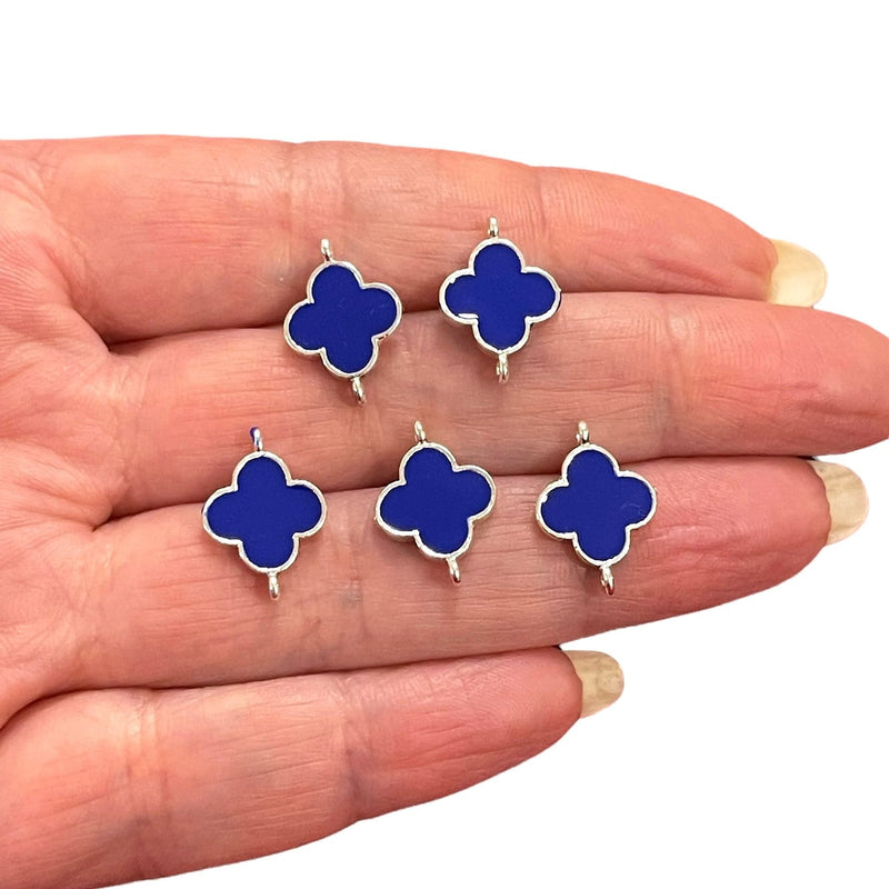 Silver Plated Navy Enamelled Clover Connector Charms, 5 pcs in a pack