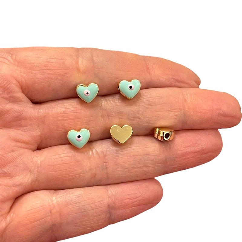 8mm 24Kt Gold Plated Mint Evil Eye Enamelled Heart Spacers, 5 Pcs in a pack