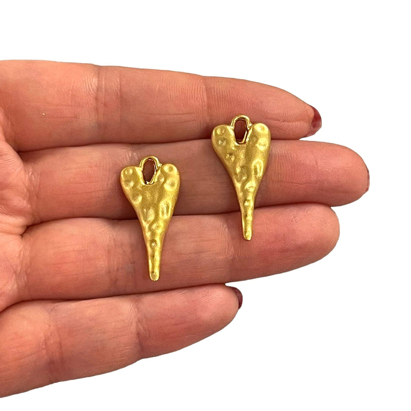 24Kt Matte Gold Plated Hammered Heart Charms, 2 pcs in a pack