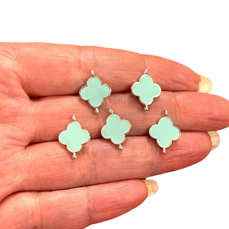 Silver Plated Mint Enamelled Clover Connector Charms, 5 pcs in a pack