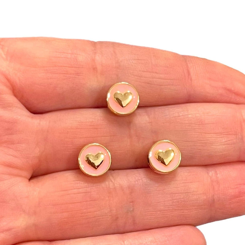 24 Karat vergoldete, doppelseitig rosa emaillierte Herz-Zwischenring-Charms, 3 Stück in einer Packung, mit horizontalem Loch