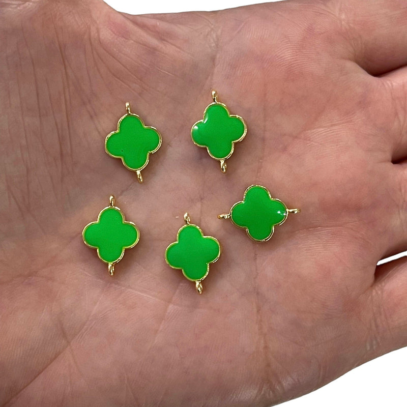 24Kt Gold Plated Neon Green Enamelled Clover Connector Double Loop Charms, 5 pcs in a Pack