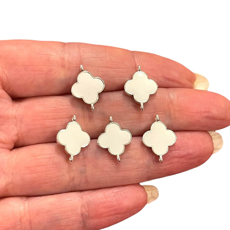 Silver Plated White Enamelled Clover Connector Charms, 5 pcs in a pack