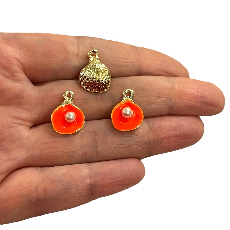 24Kt Gold Plated Neon Orange Enamelled Oyster Charms With Pearl, 3 pcs in a pack