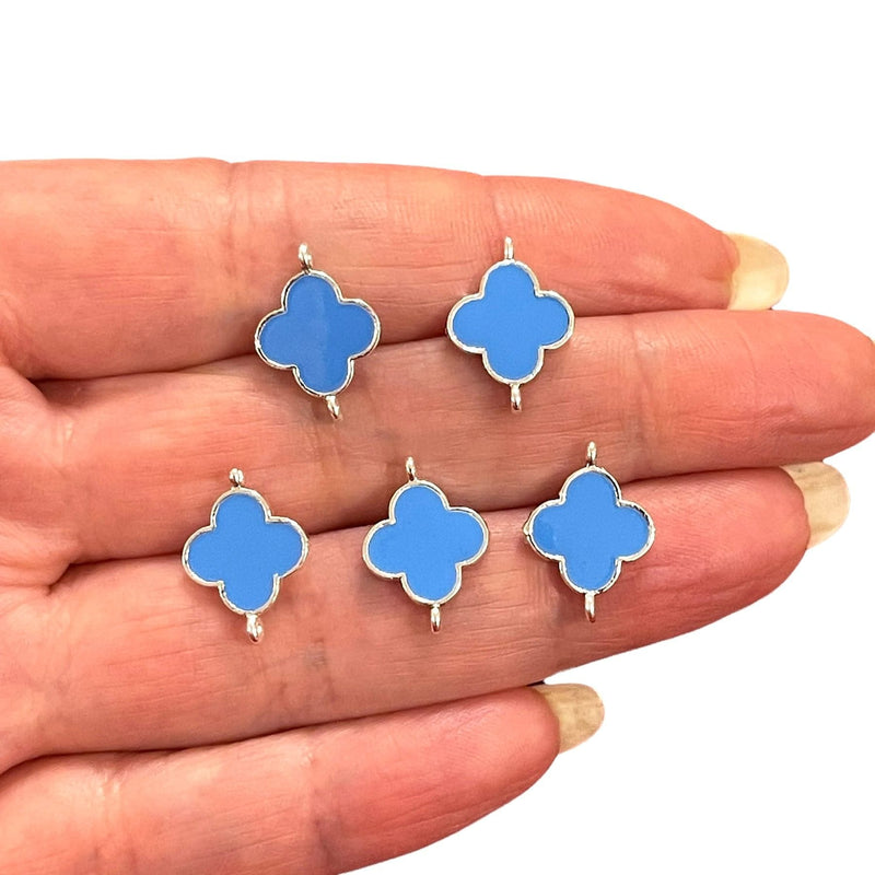 Silver Plated Blue Enamelled Clover Connector Charms, 5 pcs in a pack