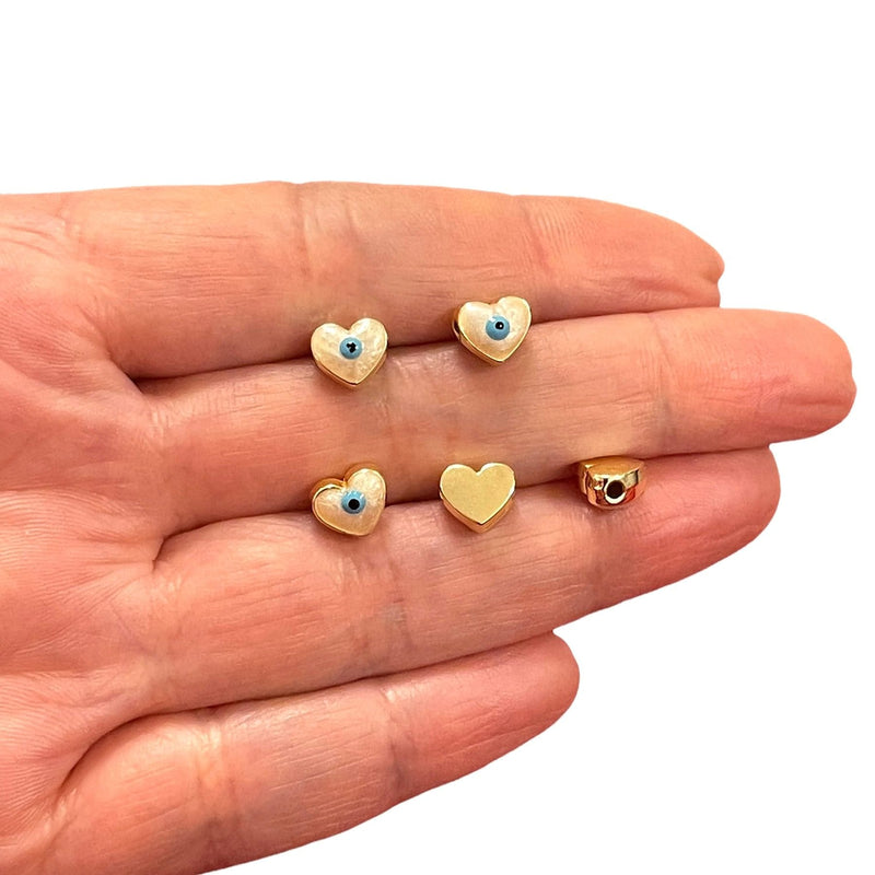 8mm 24Kt Gold Plated Ivory Evil Eye Enamelled Heart Spacers, 5 Pcs in a pack