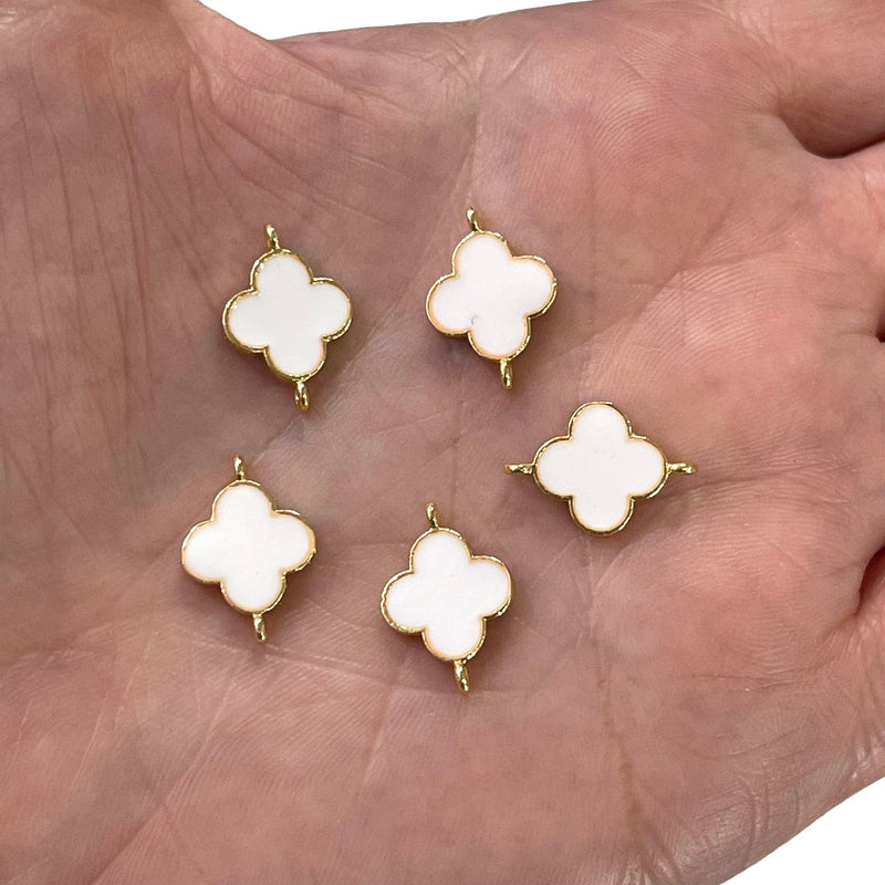 24Kt Gold Plated White Enamelled Clover Connector Double Loop Charms, 5 pcs in a Pack