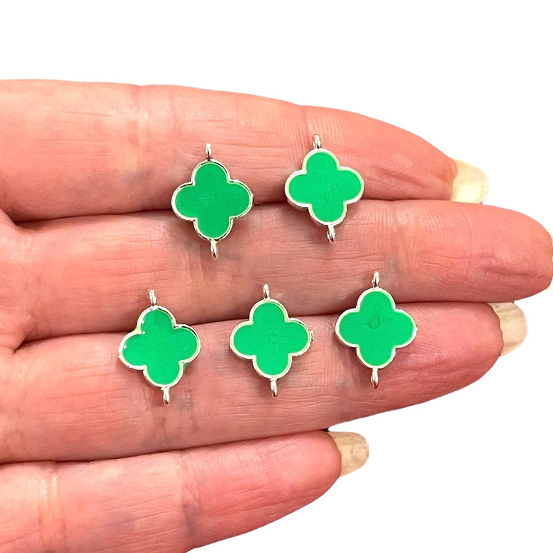 Silver Plated Neon Green Enamelled Clover Connector Charms, 5 pcs in a pack