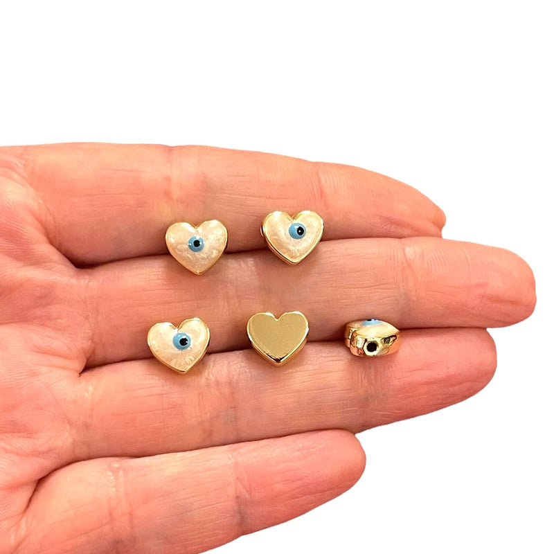 10mm 24Kt Gold Plated Ivory Evil Eye Enamelled Heart Spacers, 5 Pcs in a pack