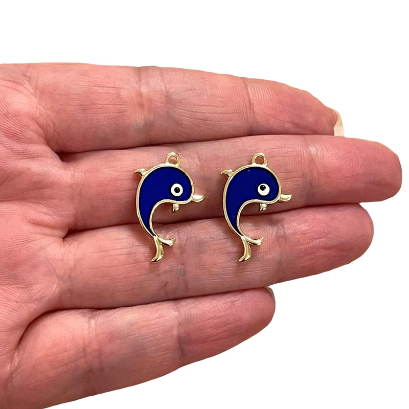 24Kt Gold Plated Navy Enamelled Dolphin Charms, 2 Pcs in a pack