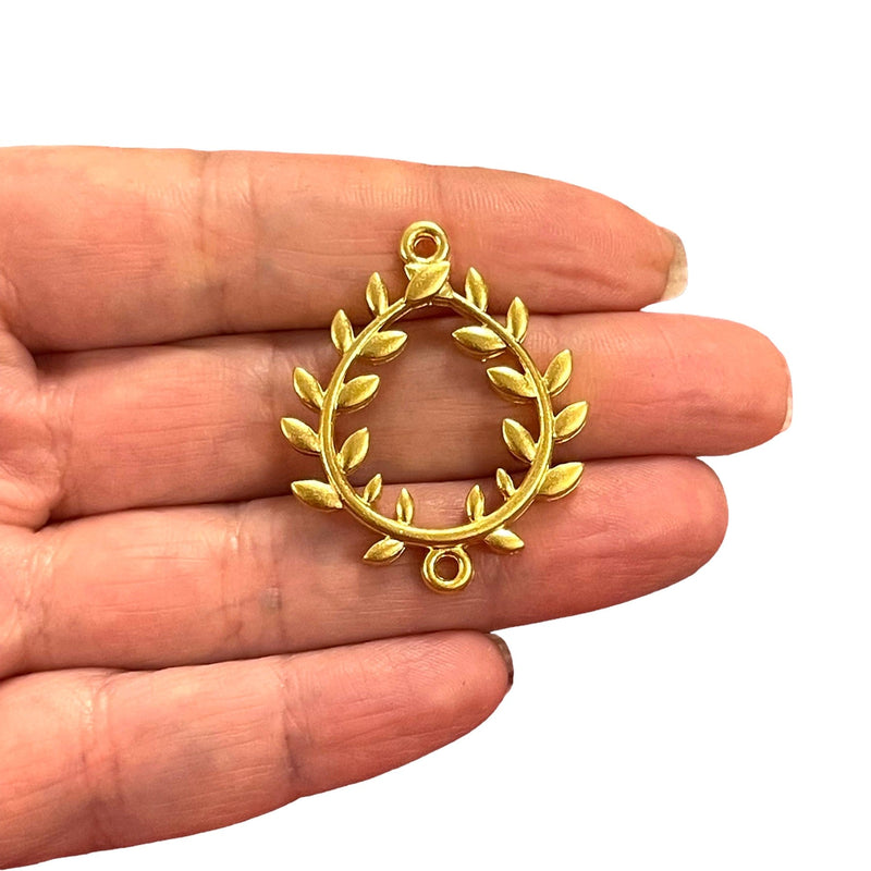 24Kt Matte Gold Plated Olive Branch Wreath Connector Charms, 2 pcs in a pack