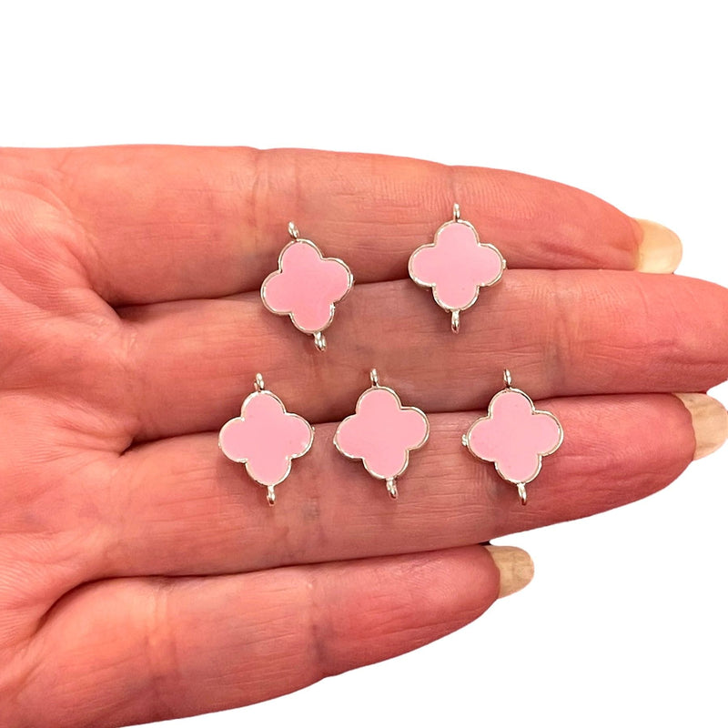 Silver Plated Pink Enamelled Clover Connector Charms, 5 pcs in a pack