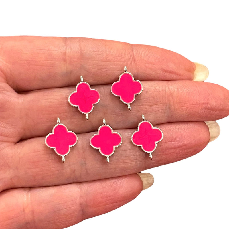 Silver Plated Neon Pink Enamelled Clover Connector Charms, 5 pcs in a pack