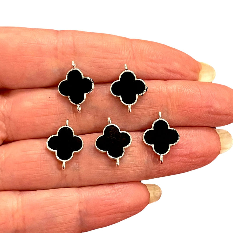 Silver Plated Black Enamelled Clover Connector Charms, 5 pcs in a pack