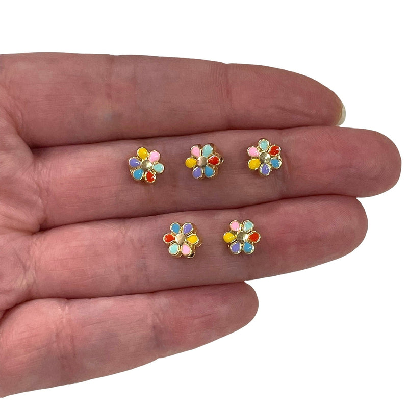 24Kt Gold Plated Double Side Multicolor Enamelled Daisy Charms, 5 pcs in a pack