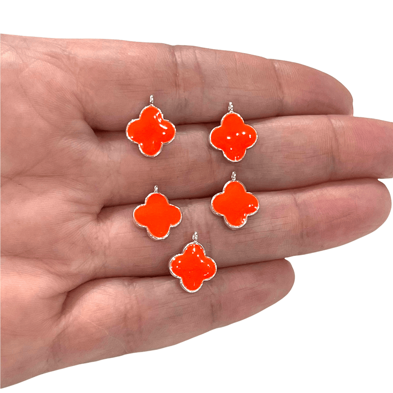 Silver Plated Neon Orange Enamelled Clover Charms, 5 pcs in a Pack