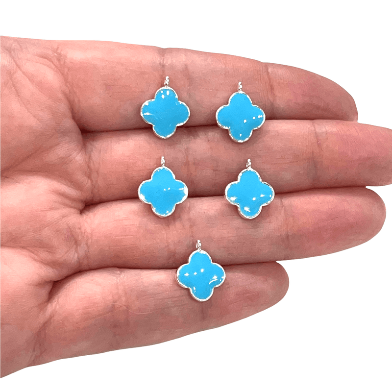 Silver Plated Sky Blue Enamelled Clover Charms, 5 pcs in a Pack