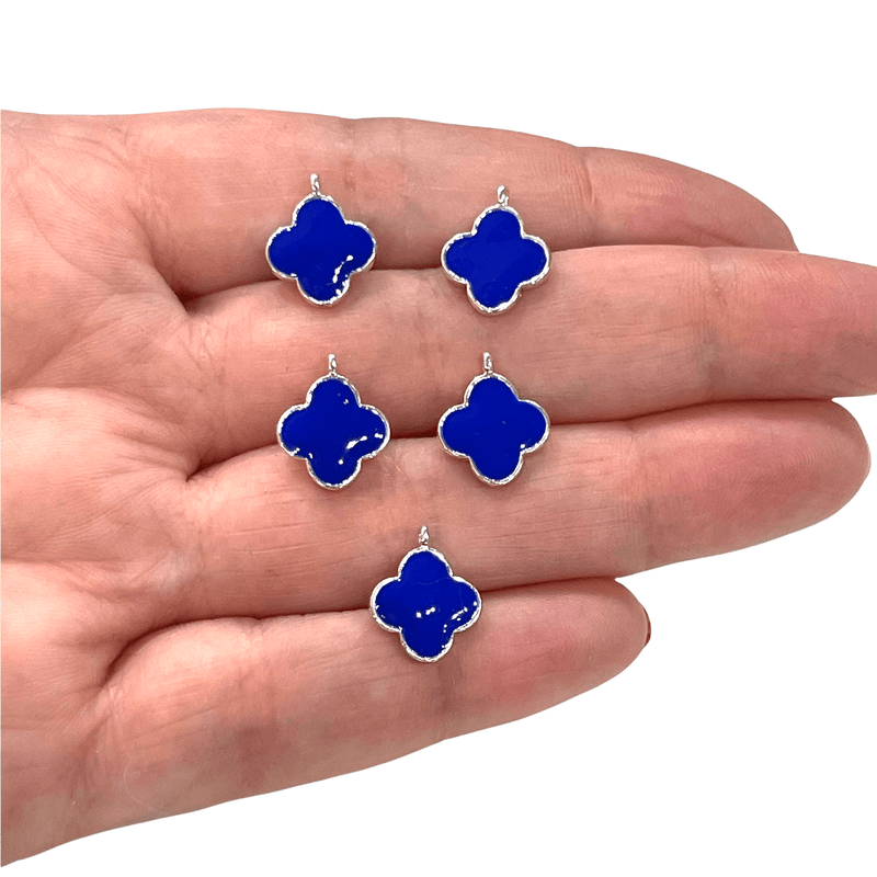 Silver Plated Navy Enamelled Clover Charms, 5 pcs in a Pack