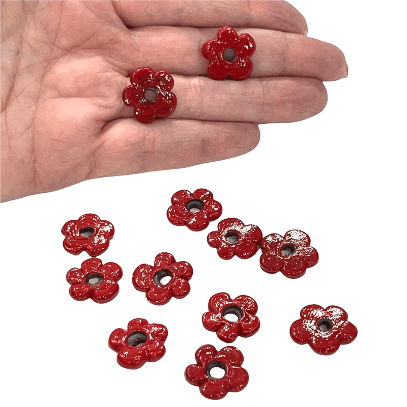 Hand Made Murano Glass Large Hole Red Flower Beads, 25 Beads in a pack