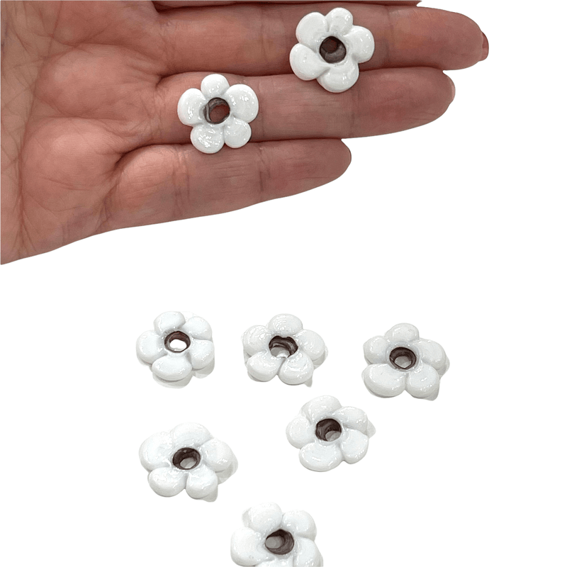 Hand Made Murano Glass Large Hole White Flower Beads, 10 Beads in a pack